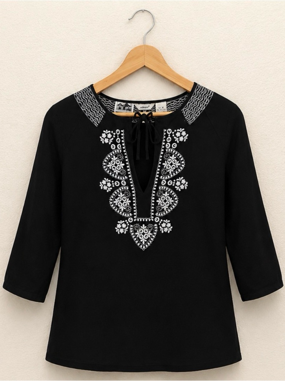 Edward 100% Irish Linen Black Embroidered Boho Peasant Top M